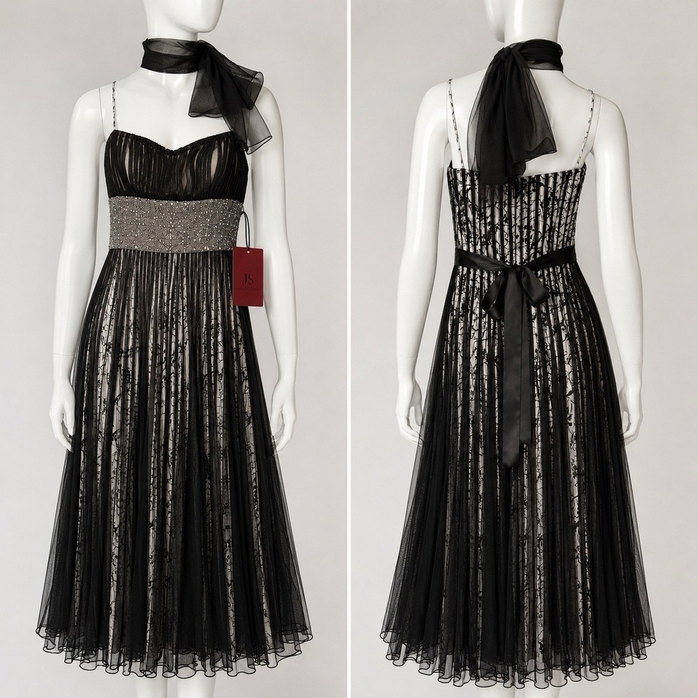 JS Collection NWT Y2K Formal Dress Sz 6 Whimsigoth Black Mesh Overlay Scarf